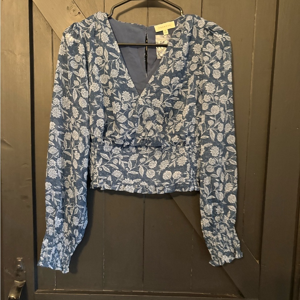 Promesa Blue and White Floral Wrap Blouse